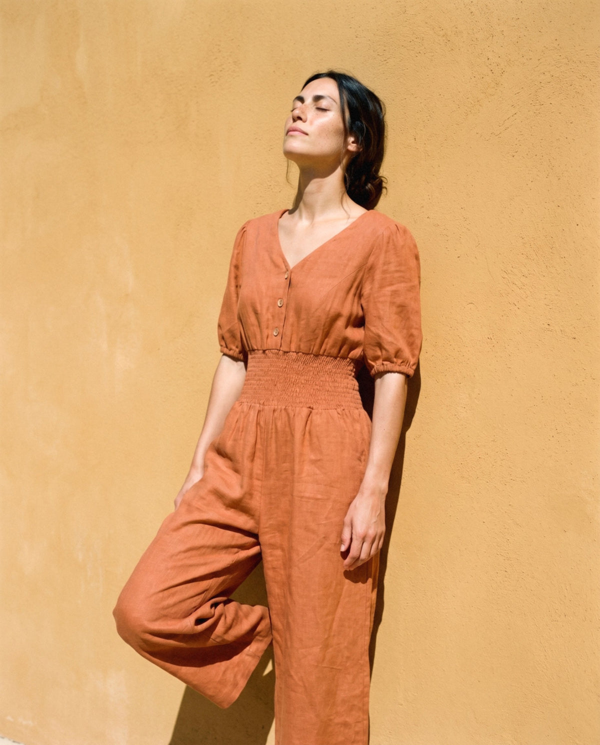 Button Front Linen Maxi Jumpsuit, worn outdoors