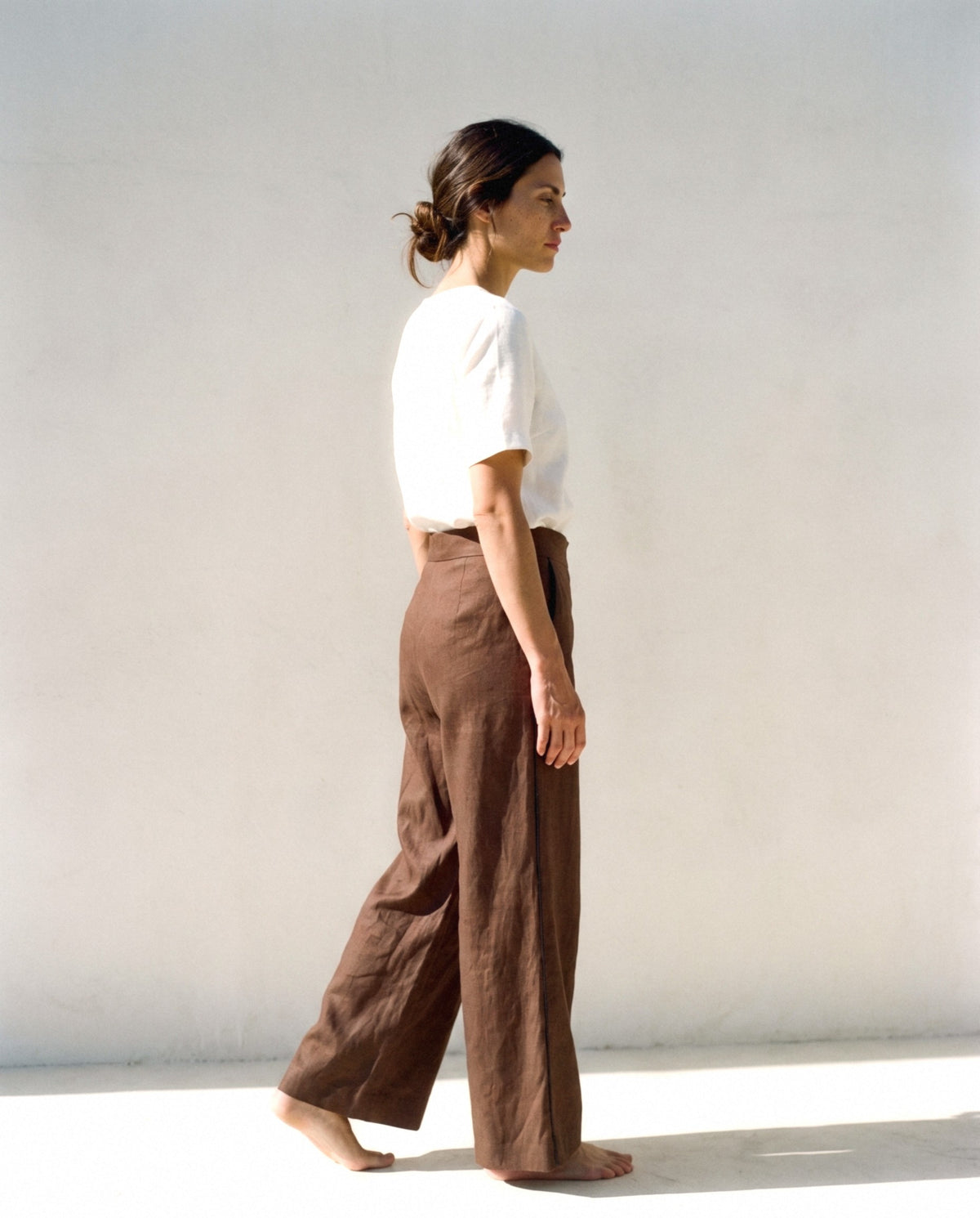 Wide Leg Linen Trousers, worn outdoors