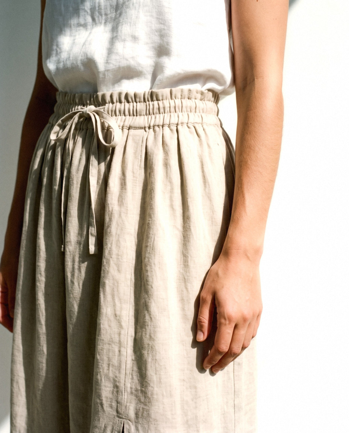 Gathered Linen Midi Skirt in natural, fabric and finish detail