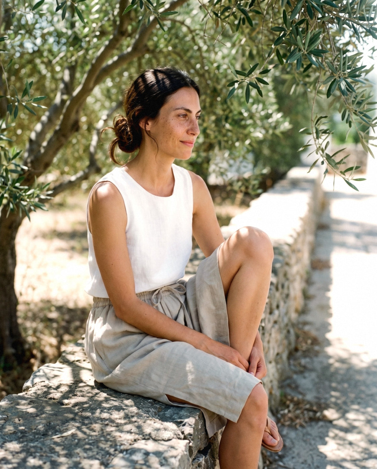 Gathered Linen Midi Skirt in natural, worn, relaxed