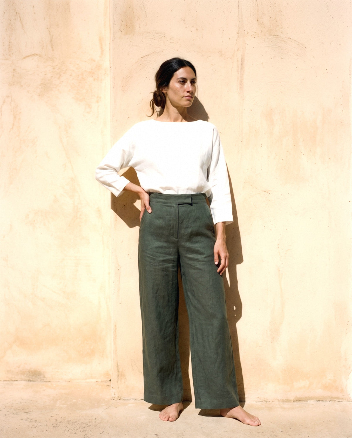 Wide Leg Linen Trousers, in Moss