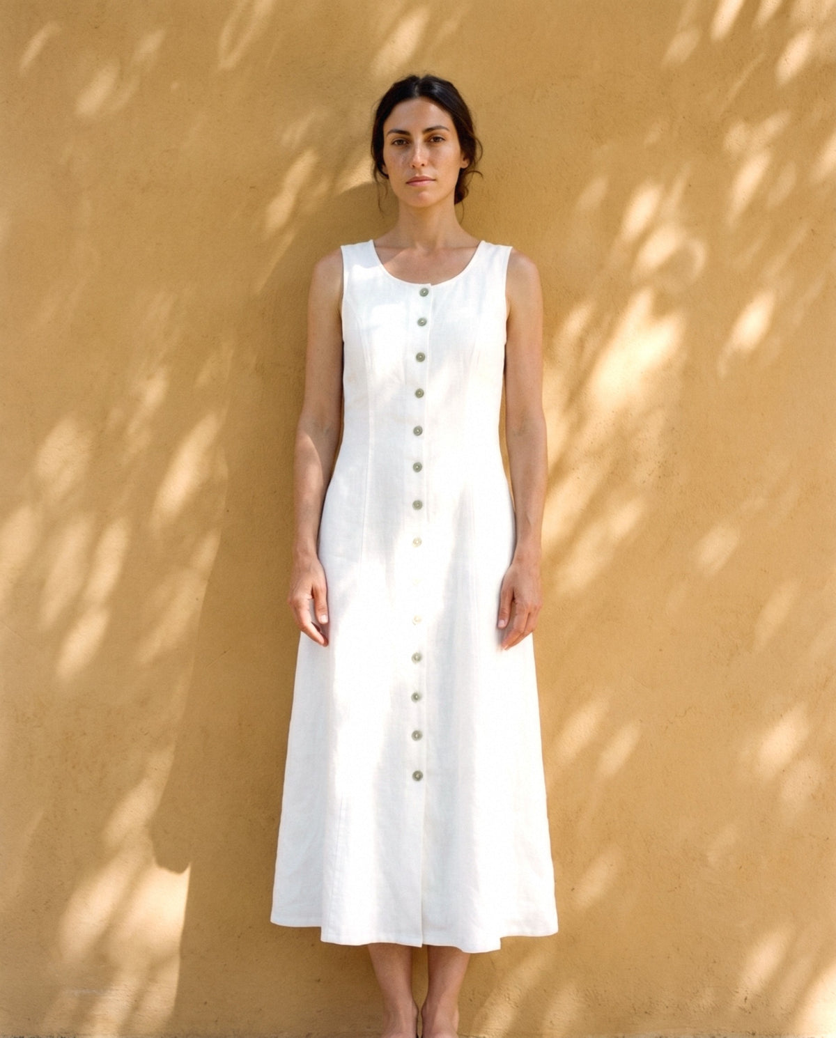 Button Front Linen Midi in white, front view