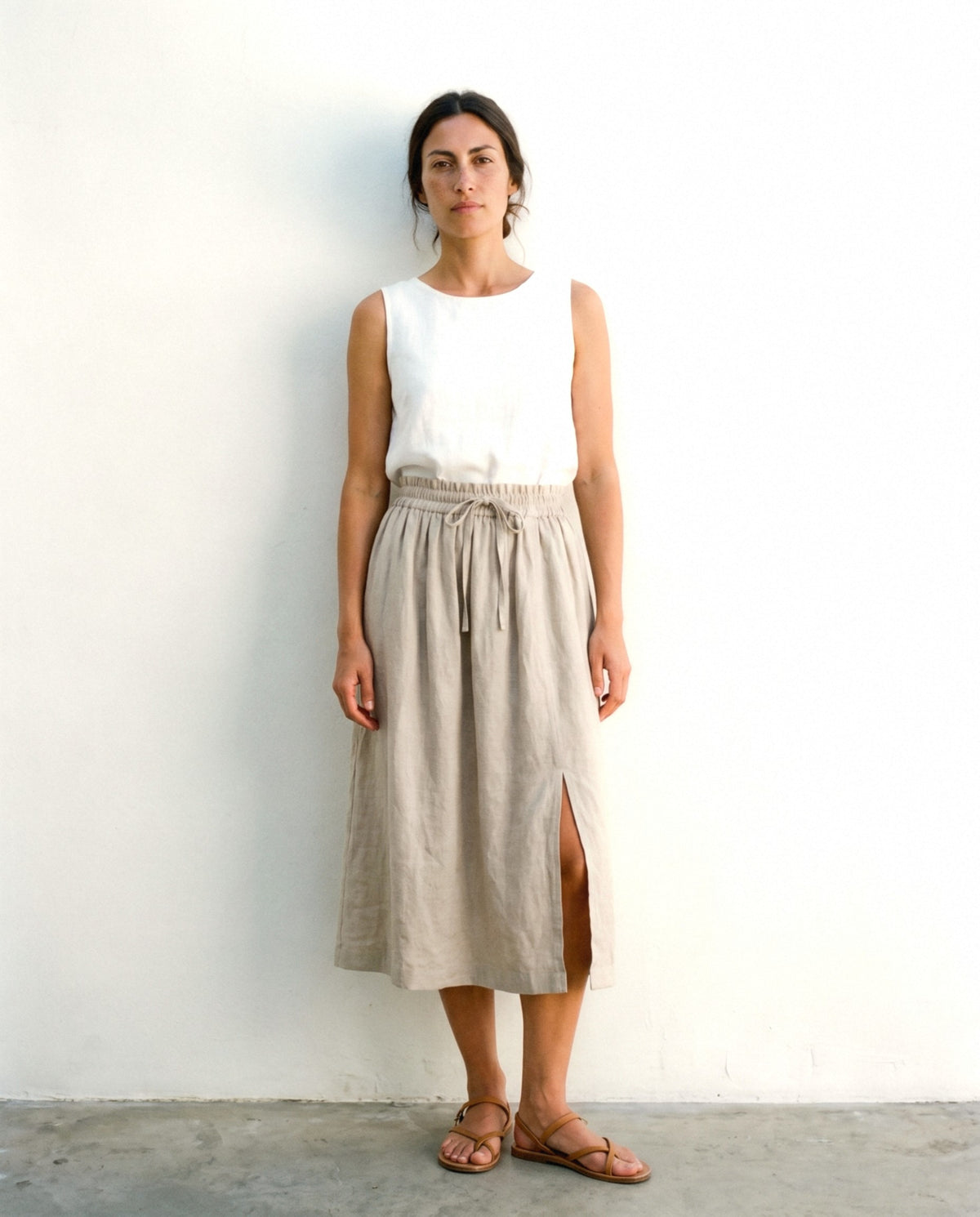 Gathered Linen Midi Skirt in natural, front view