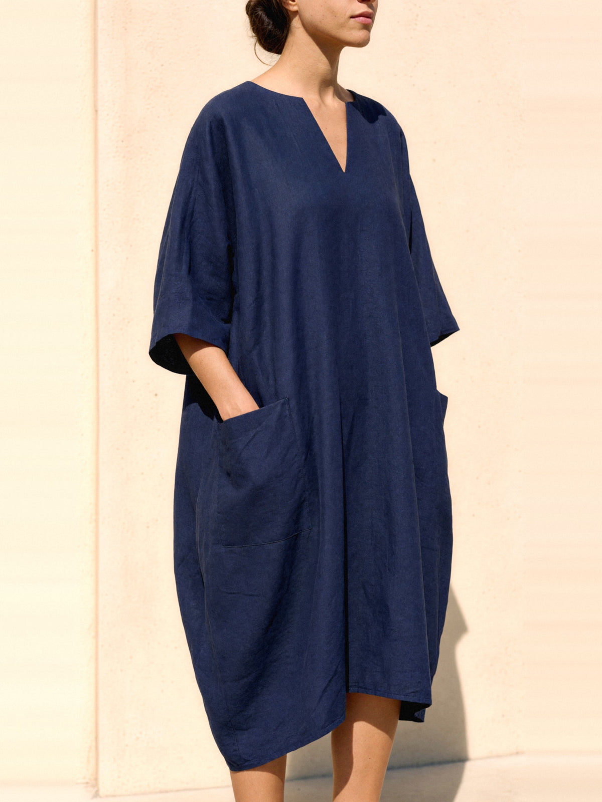Batwing Linen Kaftan in navy, fabric and finish detail