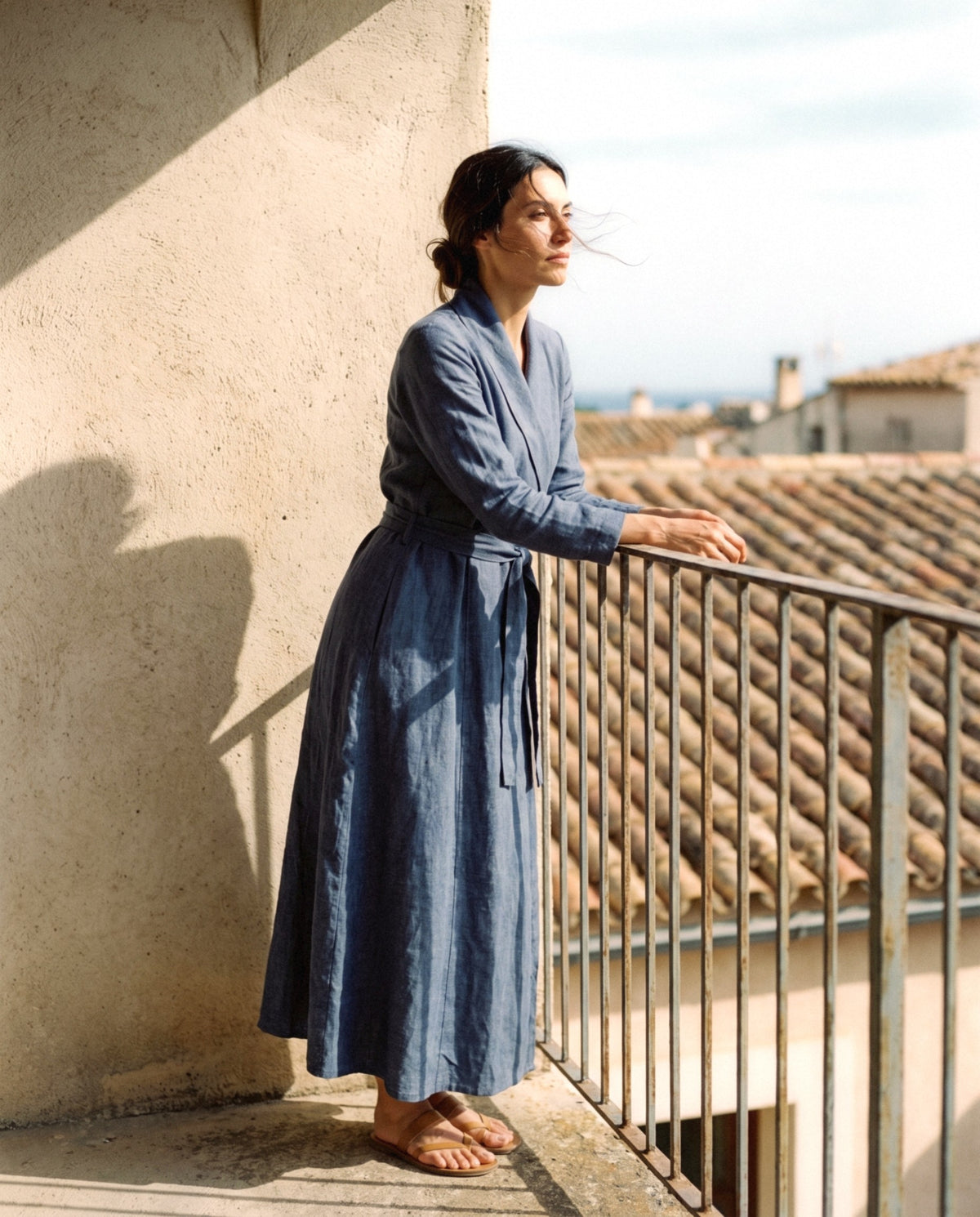 Wrap Linen Maxi Dress, worn outdoors