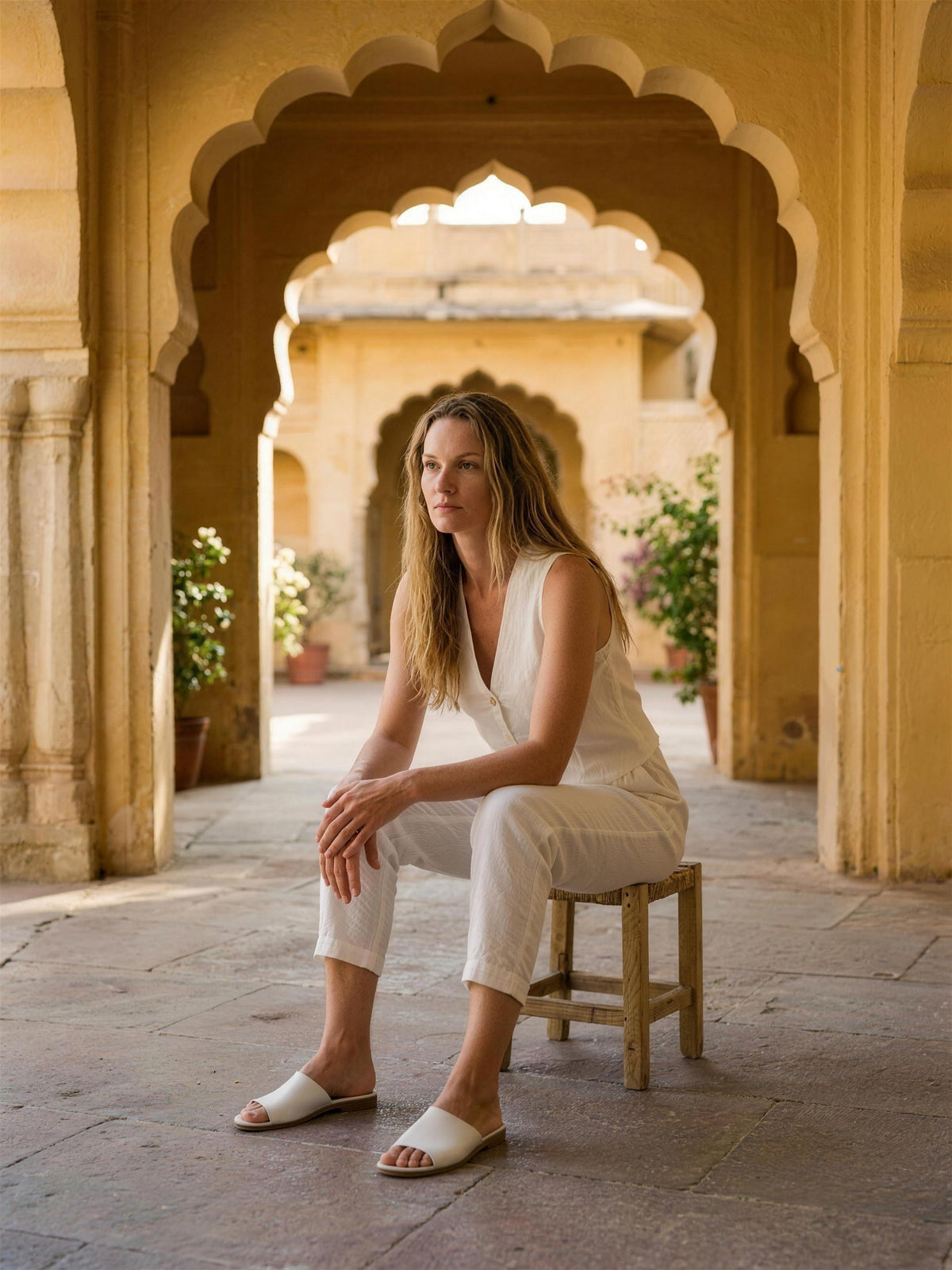 Flax linen waistcoat and tapered trousers photographed in a Jaipur haveli courtyard