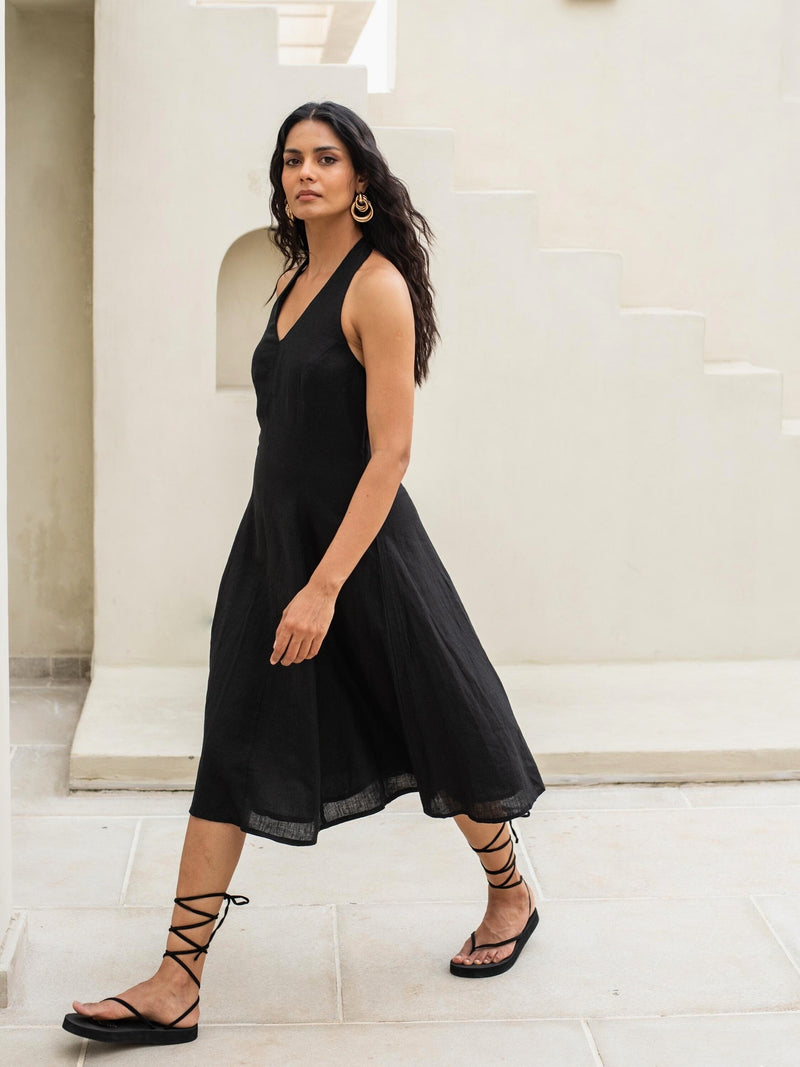 Halter Neck Linen Midi Dress in black washed linen, Ellementree