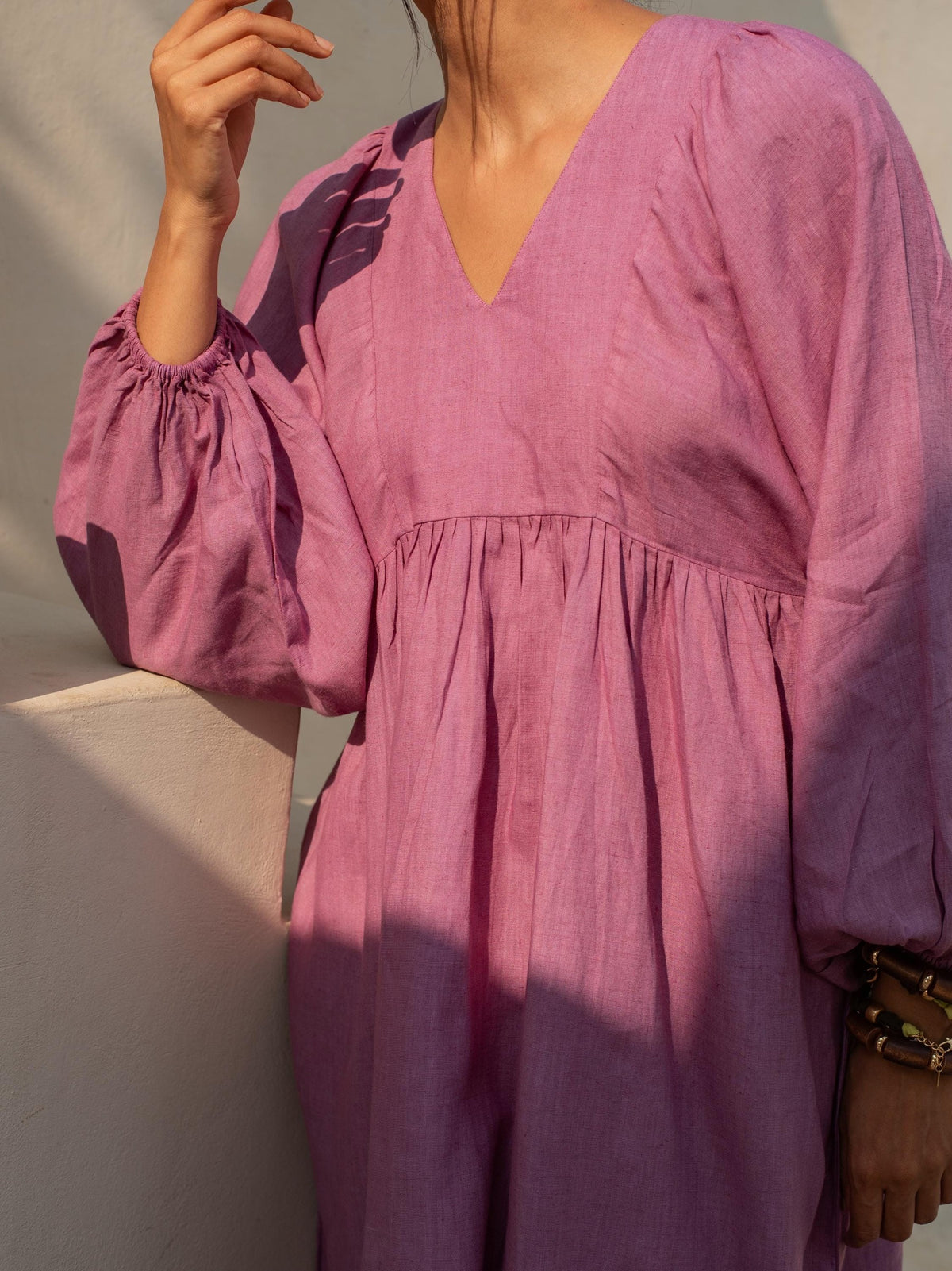 Bishop Sleeve Linen Midi Dress in mauve washed linen, Ellementree