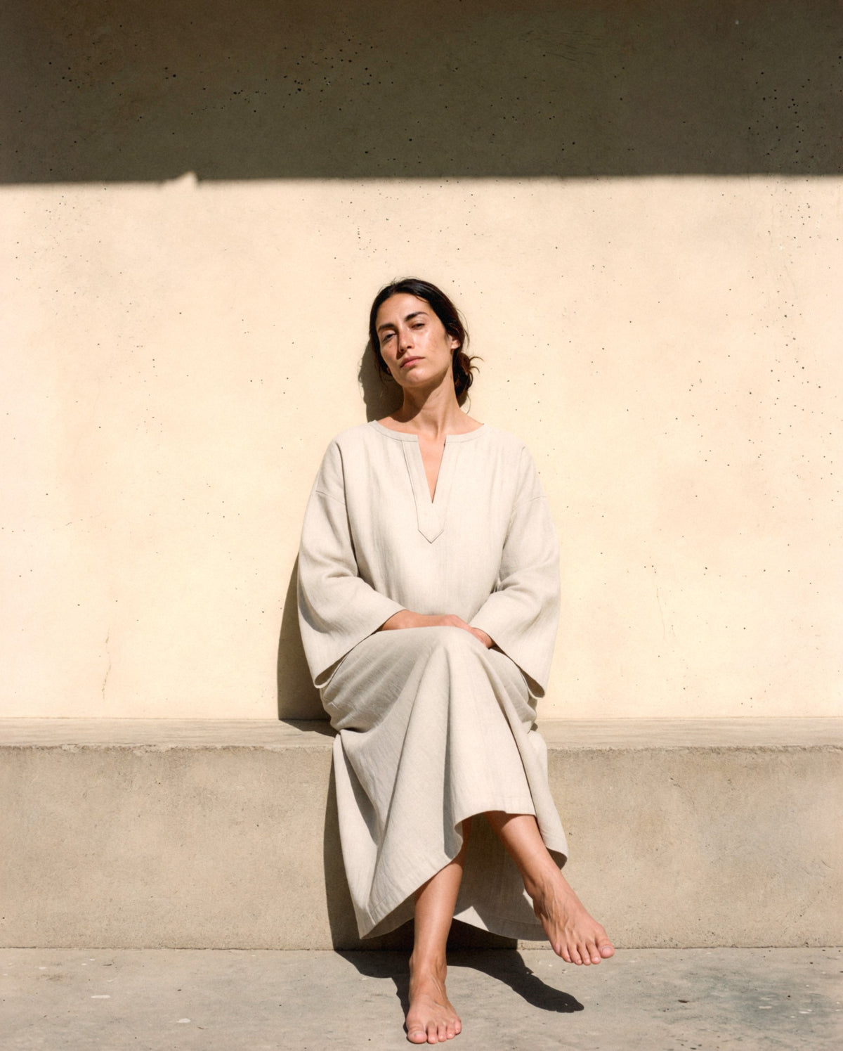 Long Sleeve Linen Kaftan, worn outdoors