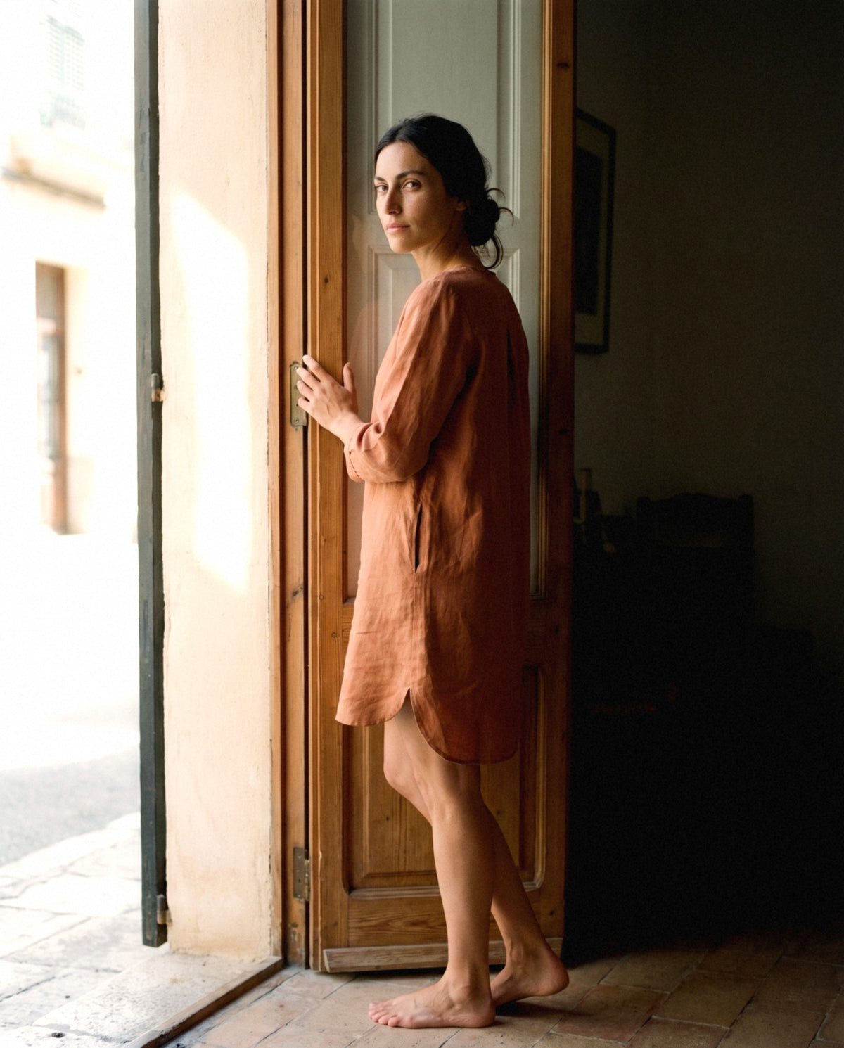Long Sleeve Linen Tunic, worn, relaxed