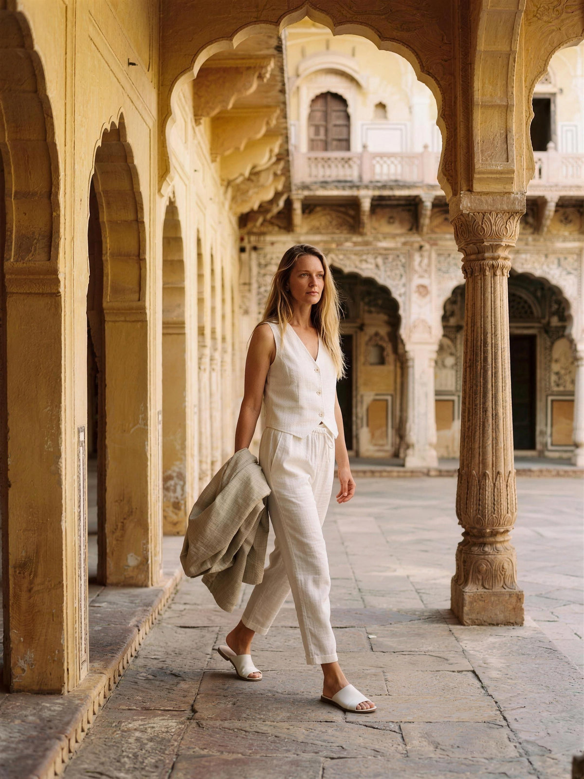 Flax linen waistcoat and tapered trousers photographed in a Jaipur haveli courtyard