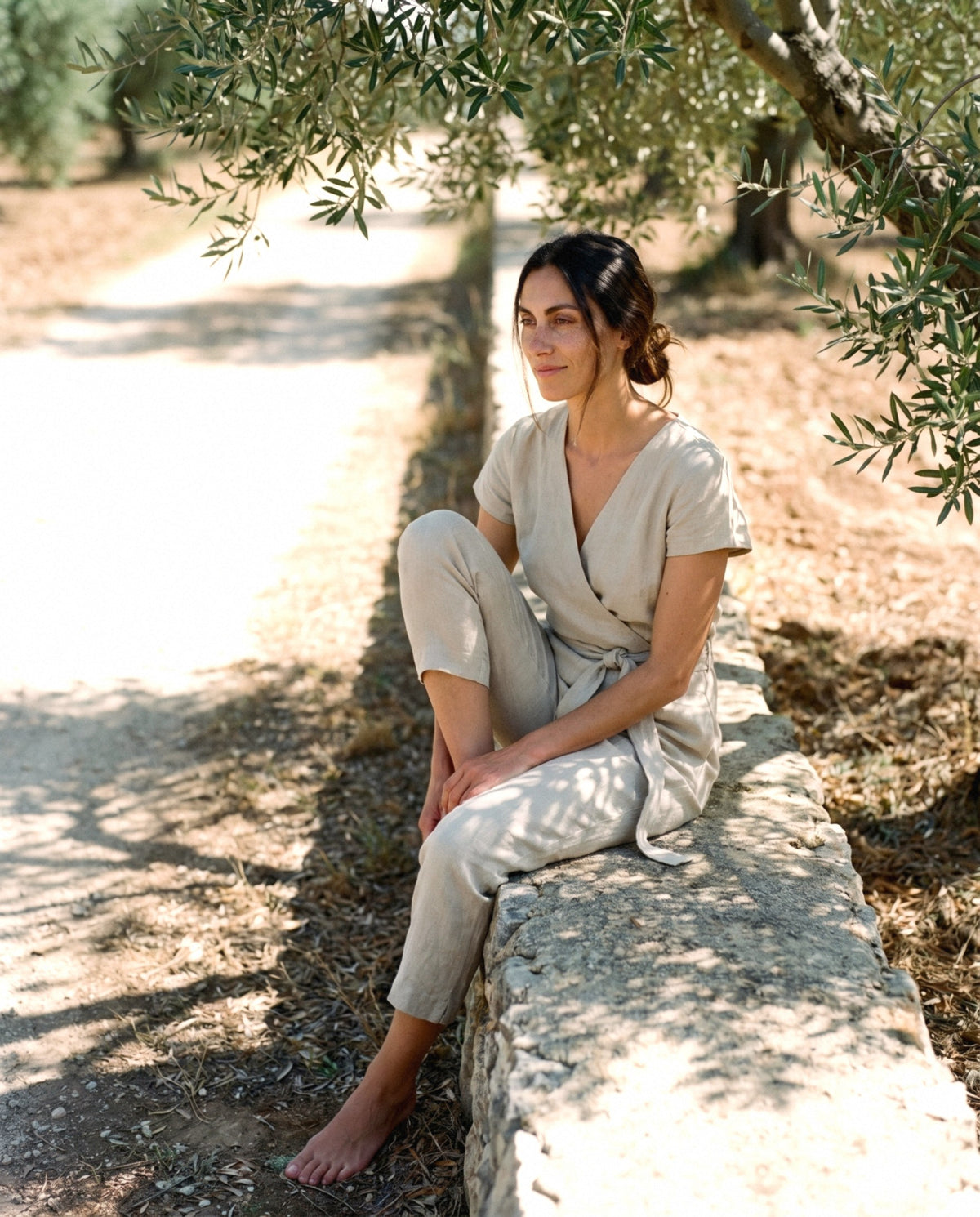 Wrap Linen Jumpsuit in natural, worn, relaxed