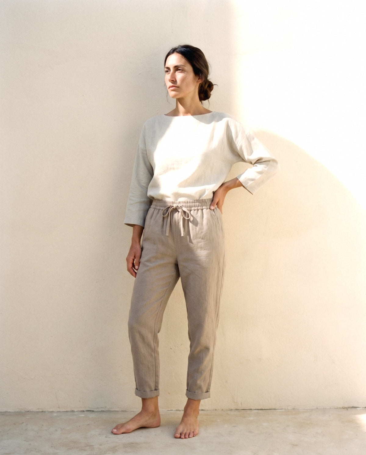 Tapered Linen Trousers, in Camel