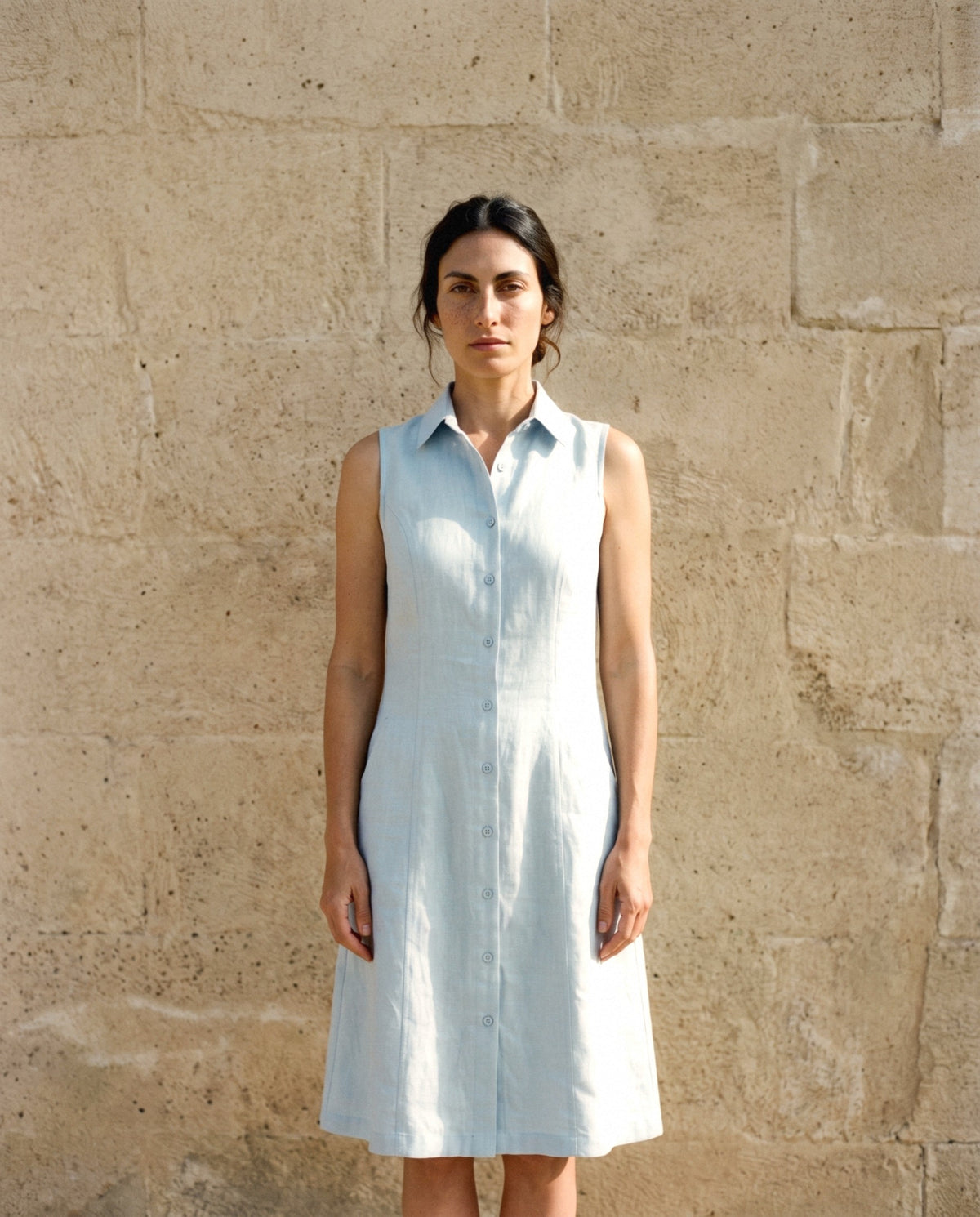 Sleeveless Linen Shirt Dress, front view