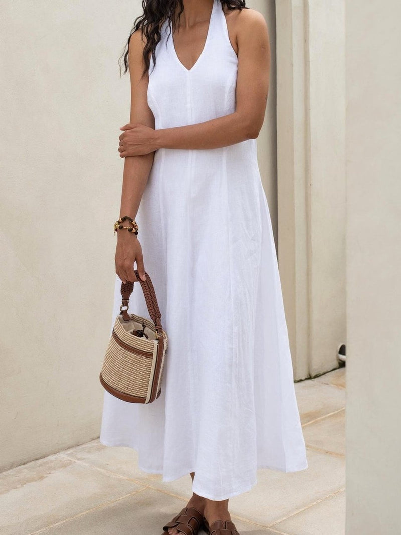 Halter Neck Linen Maxi Dress in washed linen, Ellementree