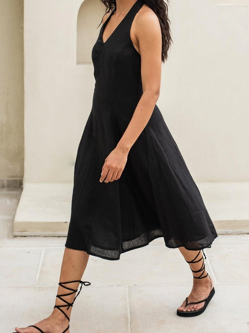 Halter Neck Linen Midi Dress in black washed linen, Ellementree