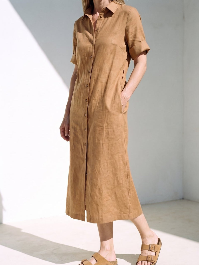 Linen Shirt Dress in camel, front view