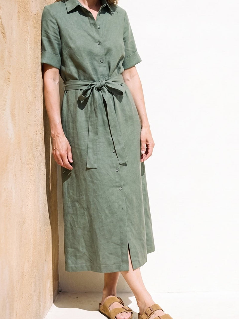 Linen Shirt Dress in moss, front view