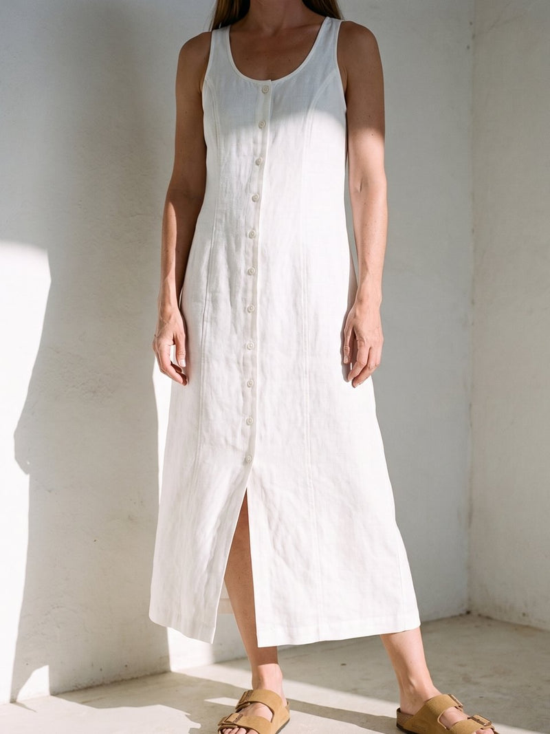 Button Front Sleeveless Linen Maxi Dress, front view