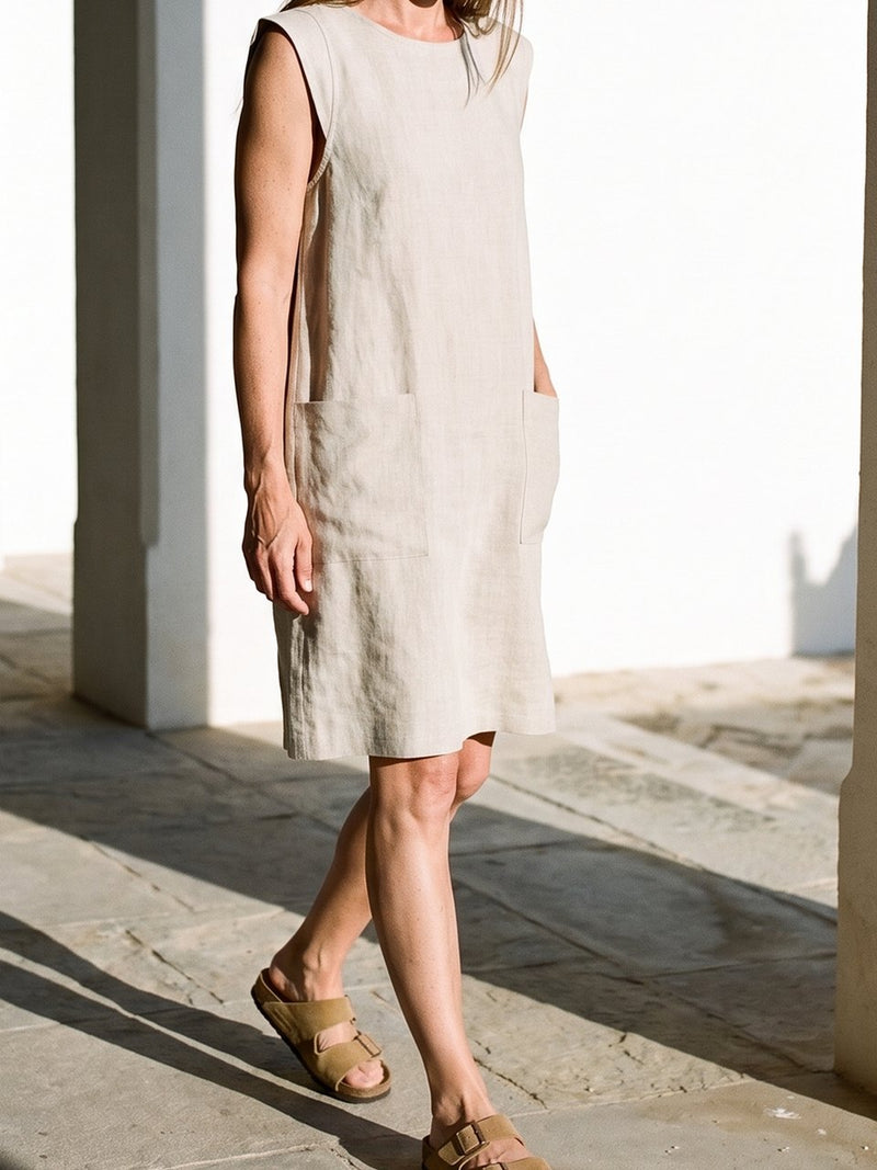 Patch Pocket Sleeveless Linen Shift Dress, front view