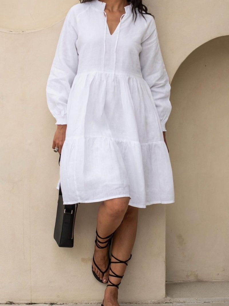 Short Tiered Linen Dress in white washed linen, Ellementree