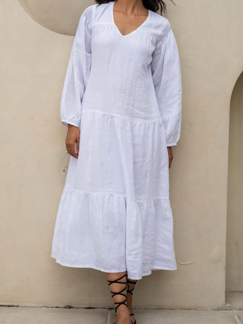 Tiered Linen Maxi Dress in white washed linen, Ellementree
