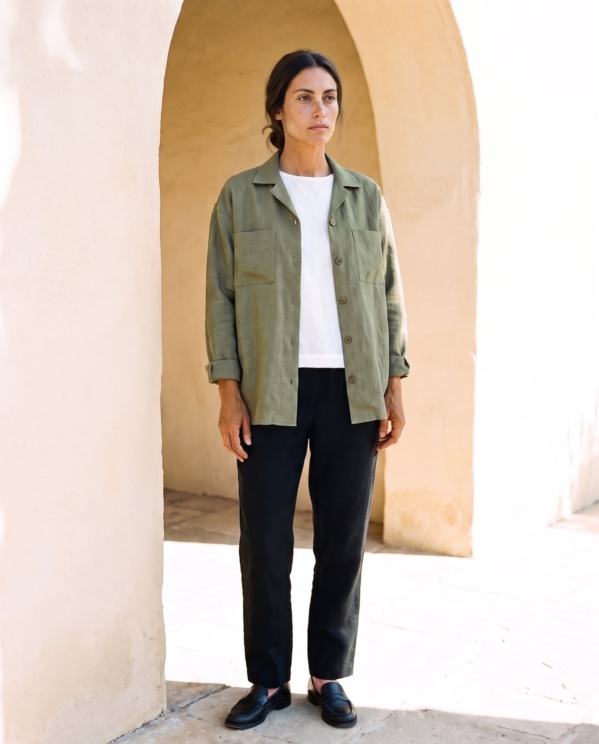 Rita Overshirt in moss, front, full length