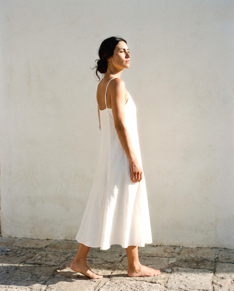 Strappy Flared Linen Midi Dress, worn, relaxed