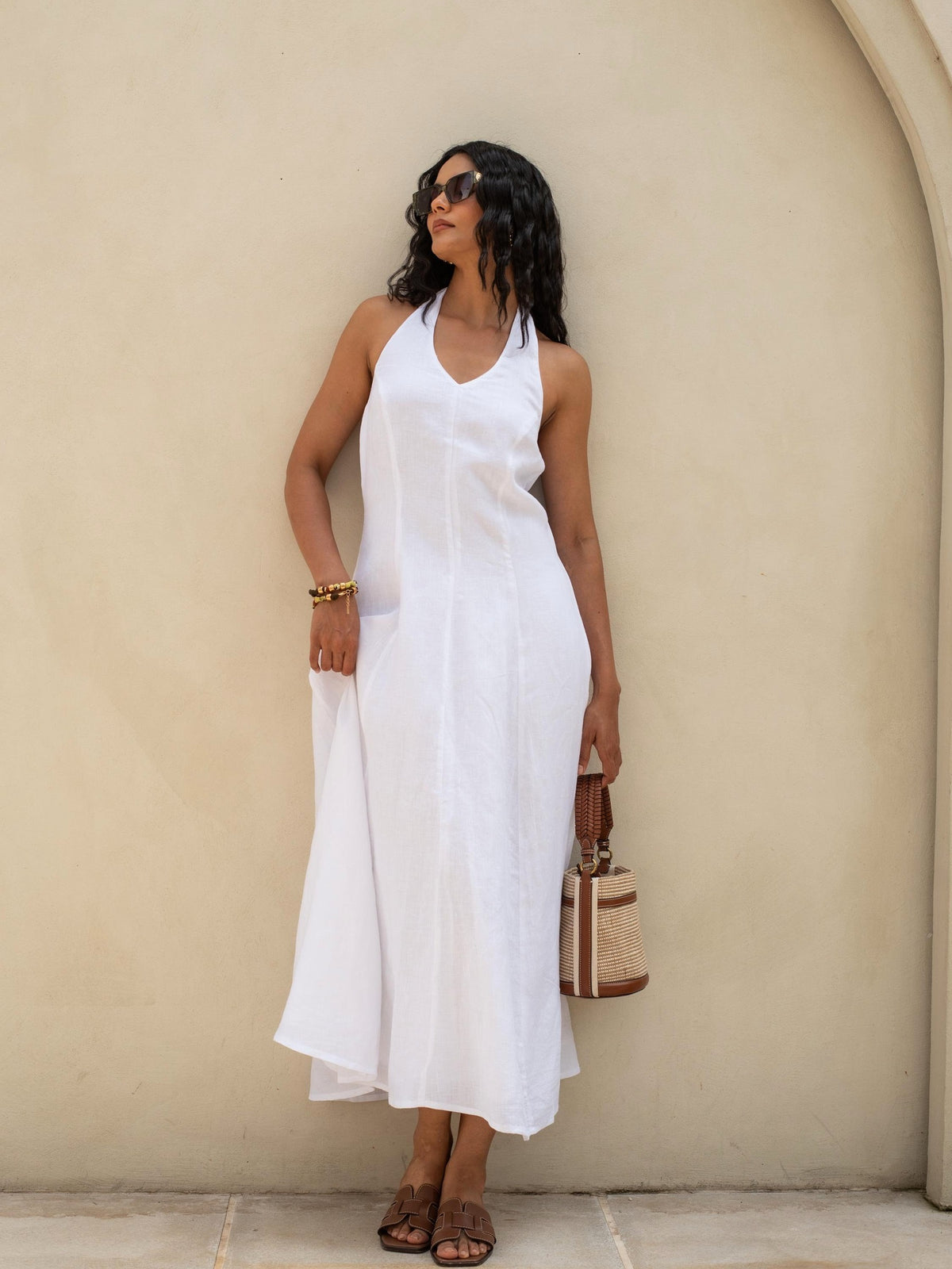Halter Neck Linen Maxi Dress in washed linen, Ellementree