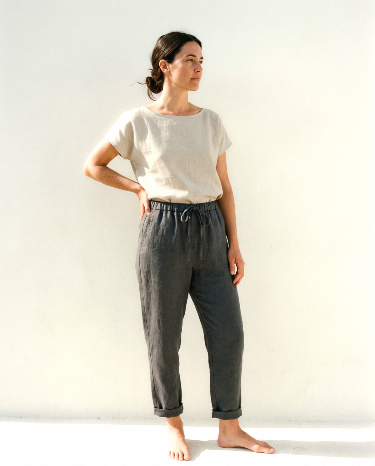 Tapered Linen Trousers, in Charcoal