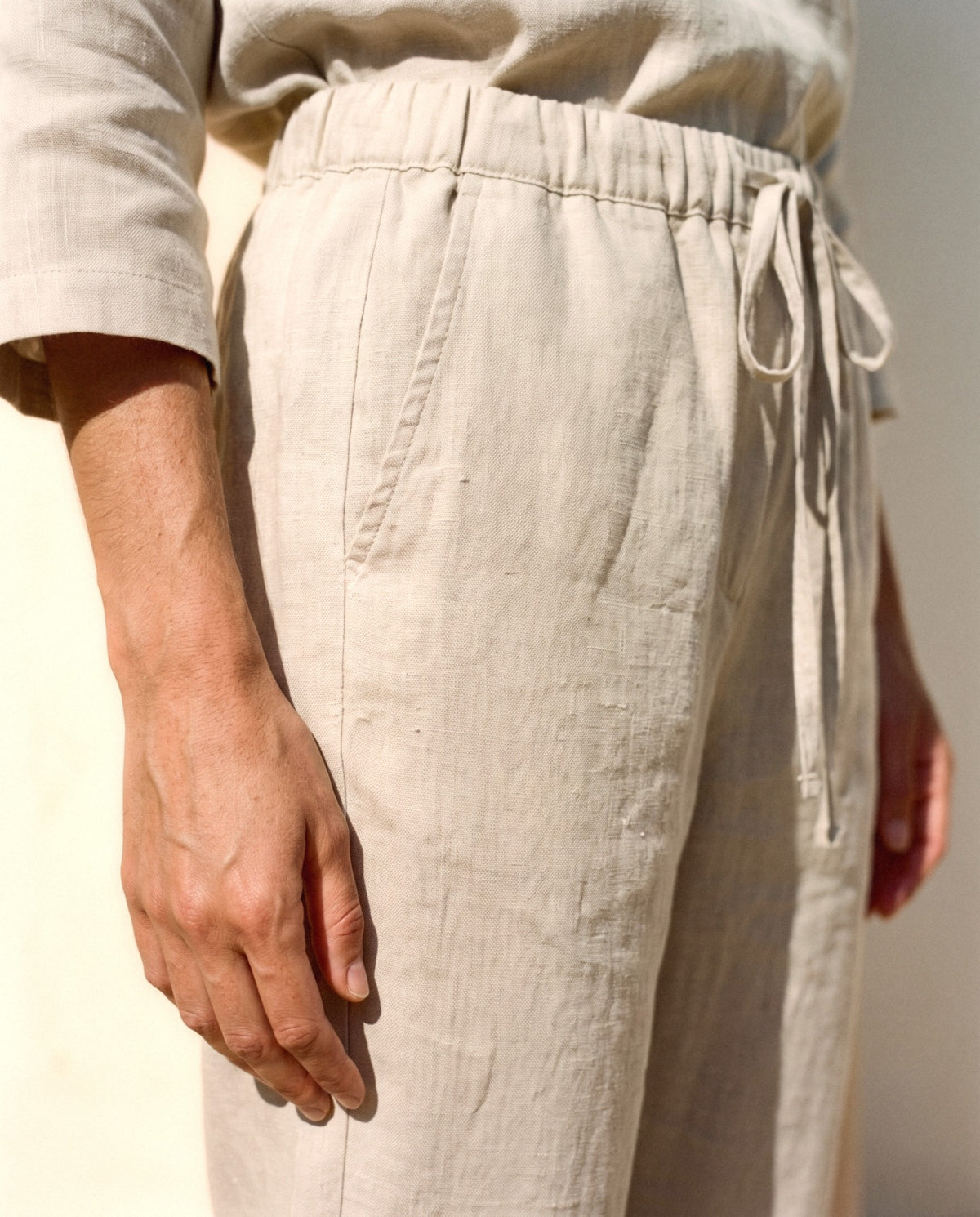 Tapered Linen Trousers, fabric and finish detail