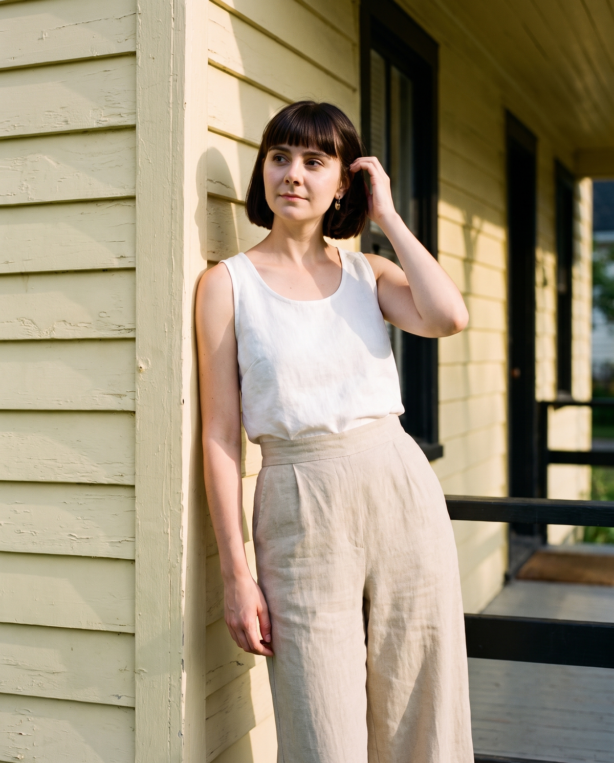 Smocked Waist Palazzo Trousers in natural linen