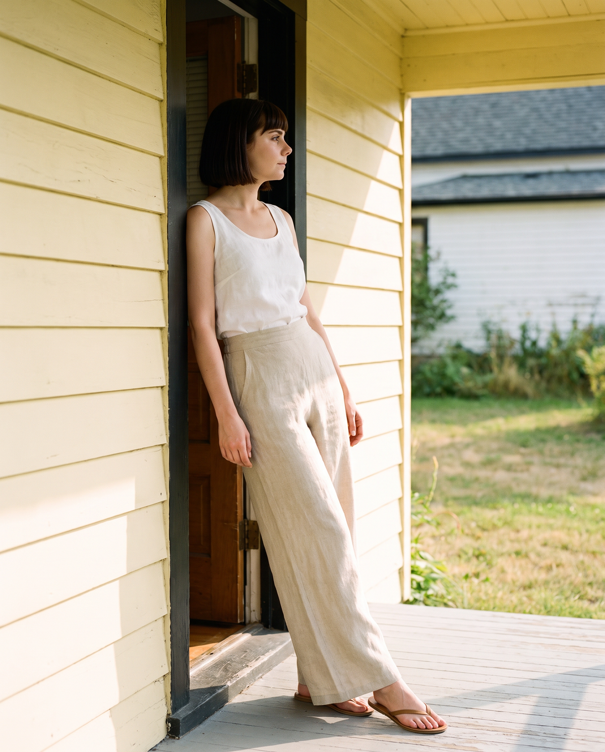Smocked Waist Palazzo Trousers in natural linen