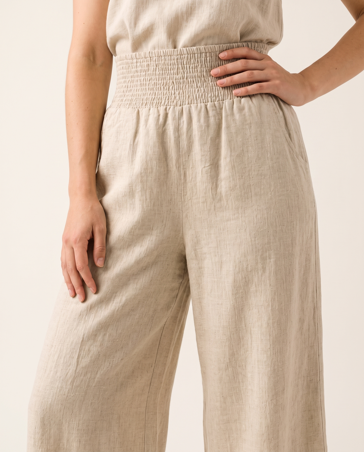 Smocked Waist Palazzo Trousers in natural linen