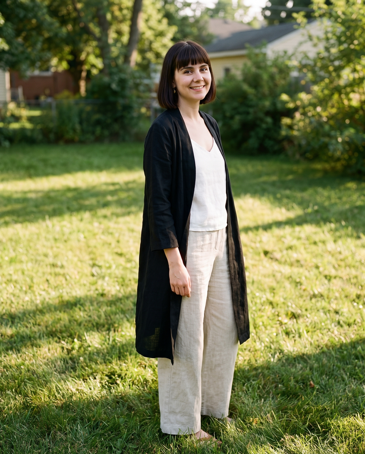 Long Linen Duster Coat in black linen