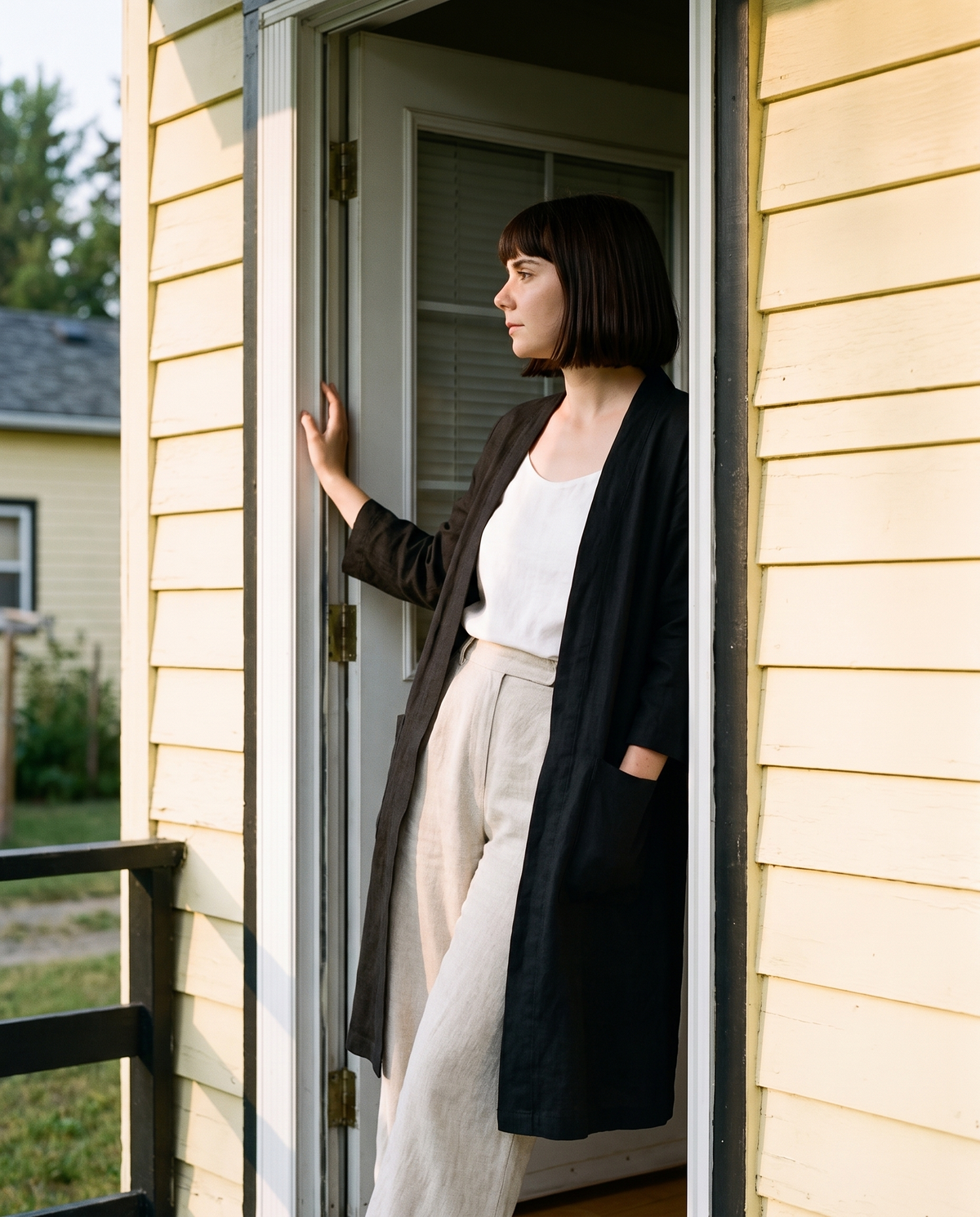 Long Linen Duster Coat in black linen