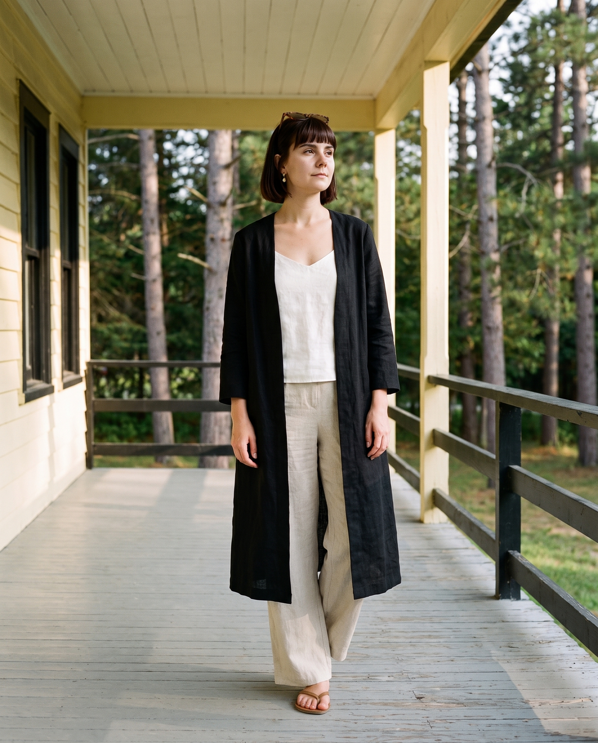 Long Linen Duster Coat in black linen