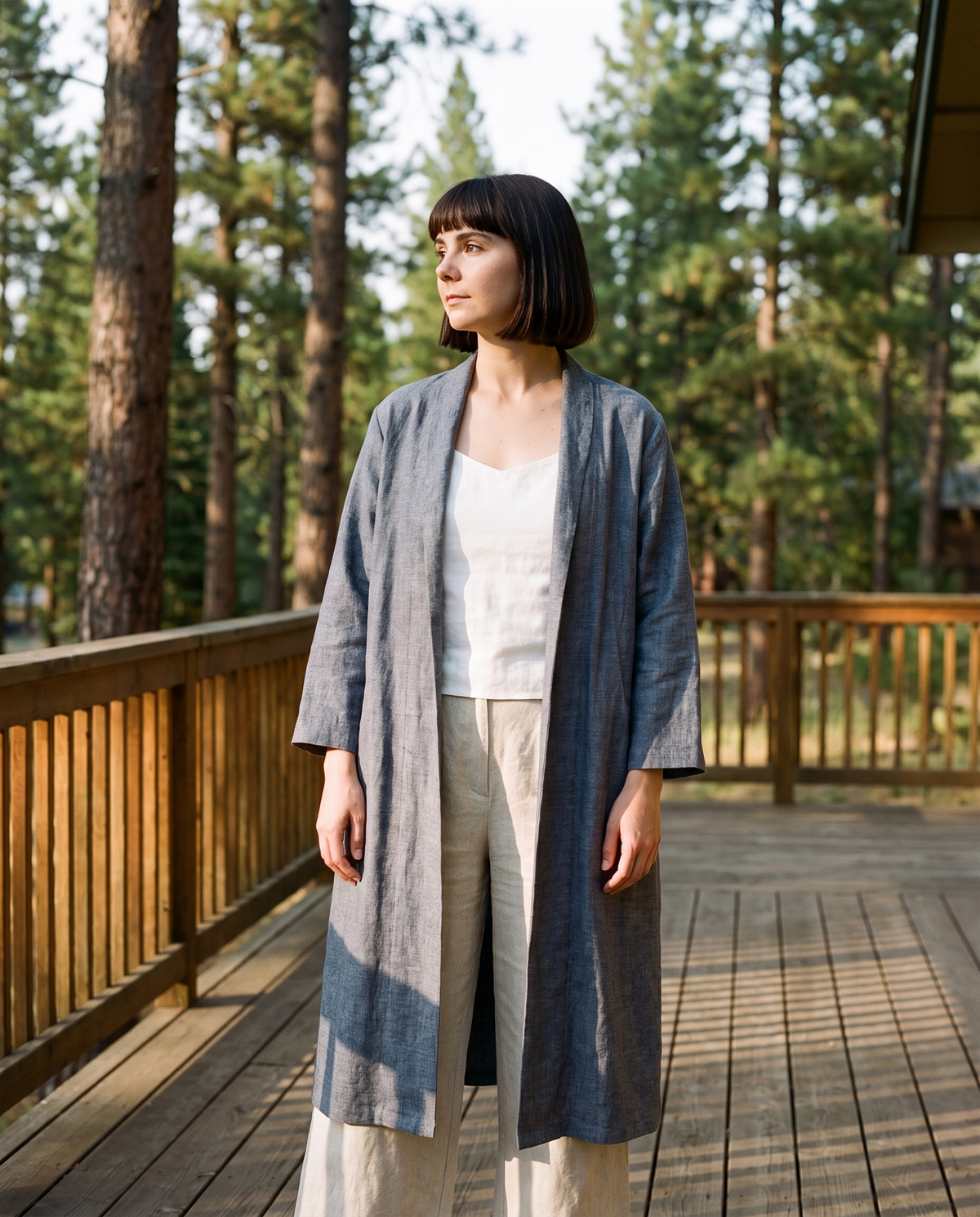 Long Linen Duster Coat in blue grey linen