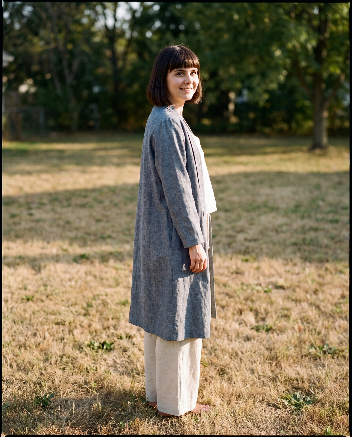 Long Linen Duster Coat in blue grey linen