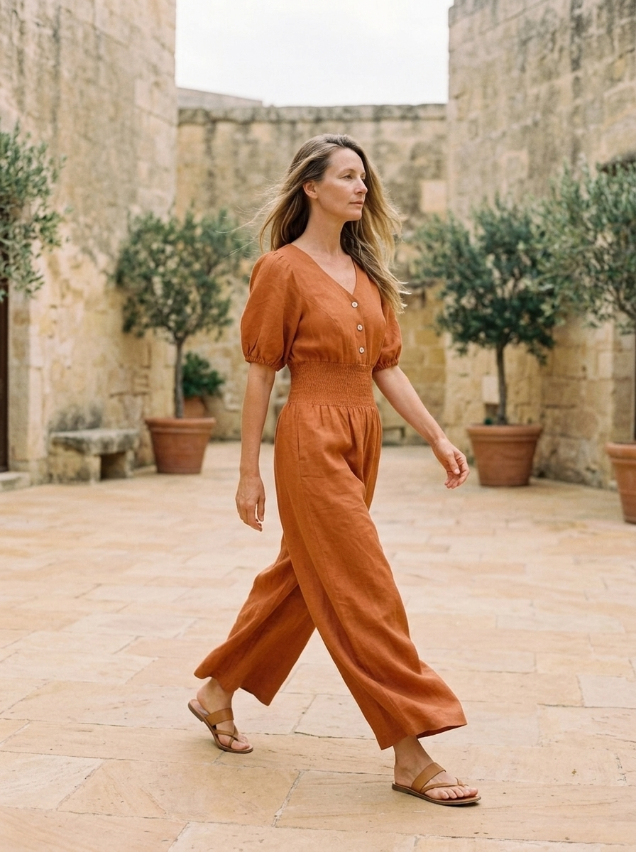 Button Front Linen Maxi Jumpsuit