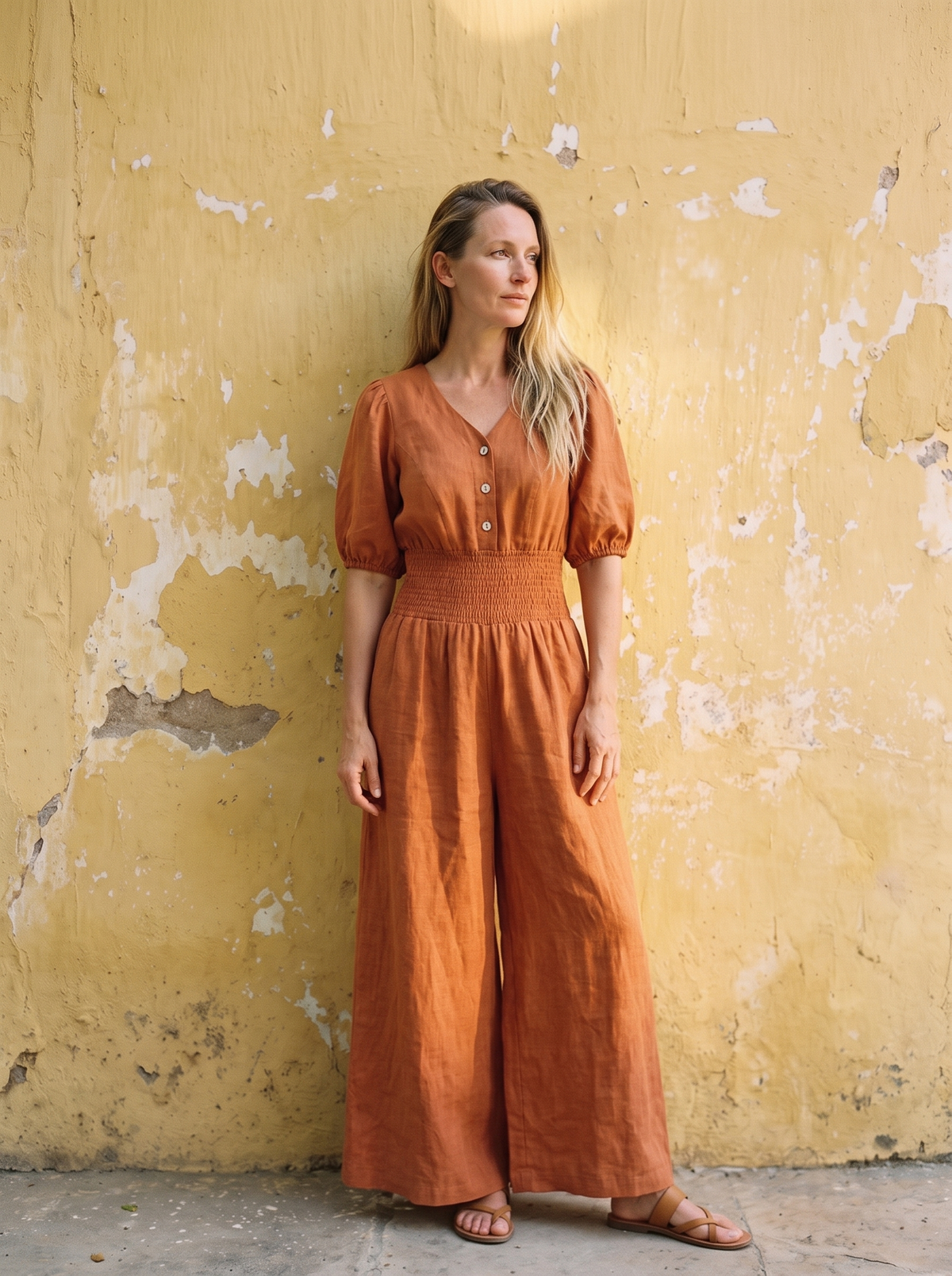 Button Front Linen Maxi Jumpsuit