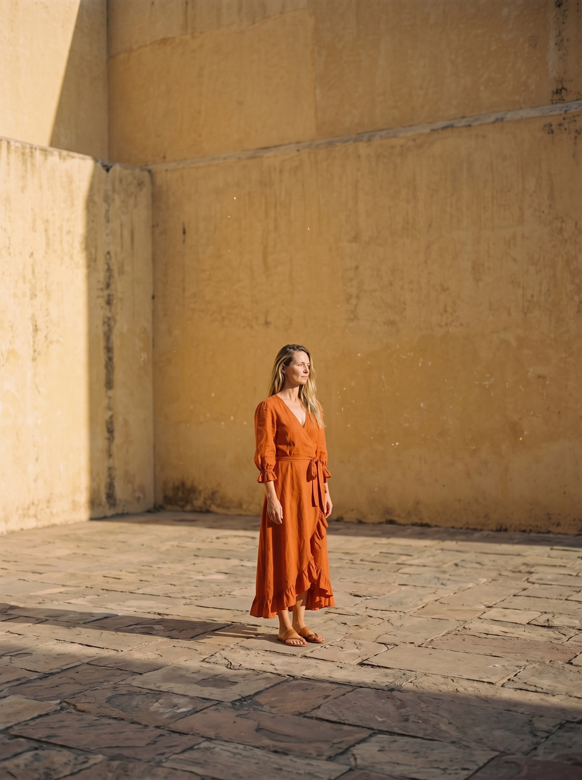 Ruffle Wrap Linen Maxi Dress in rust linen