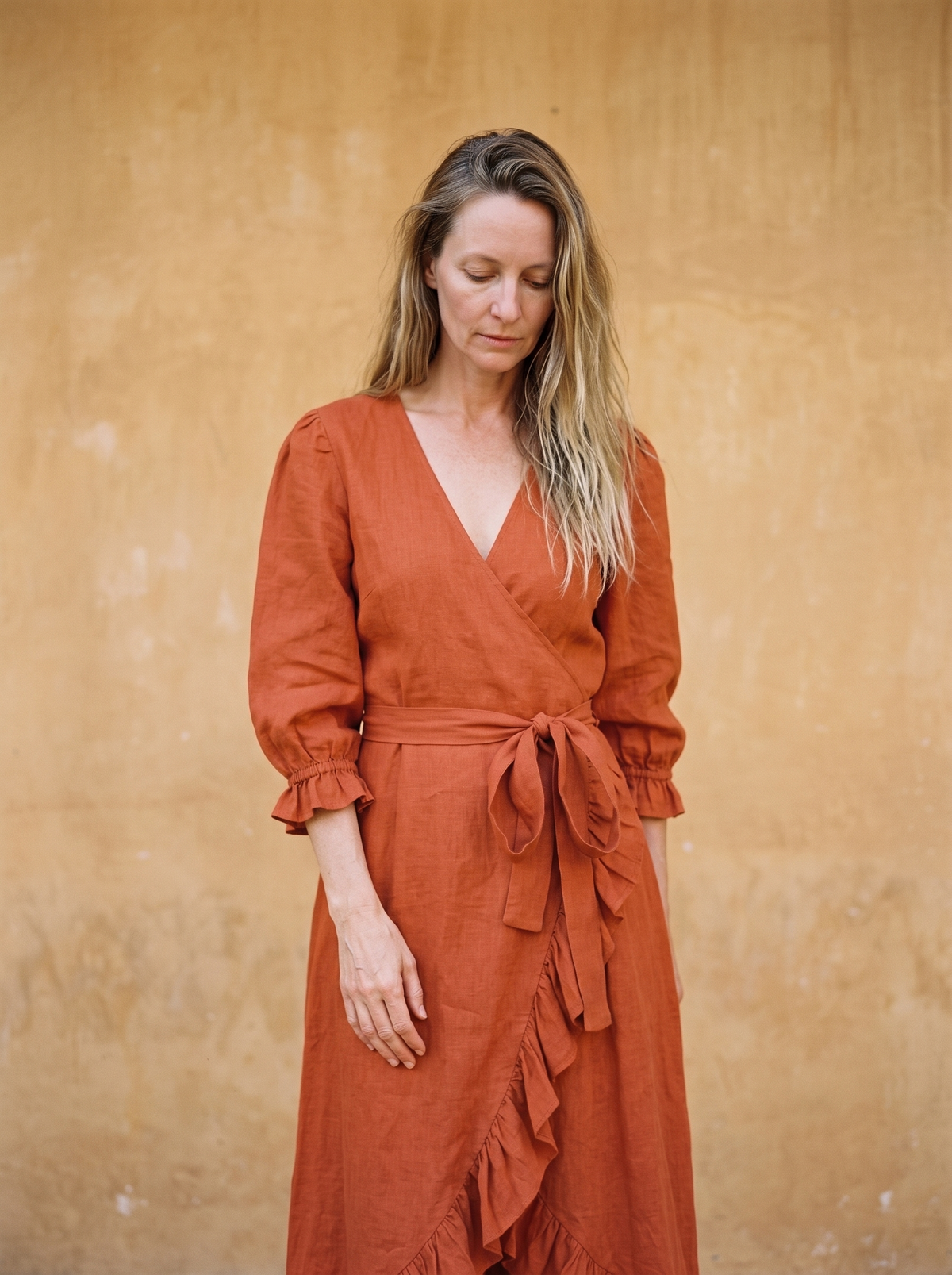 Ruffle Wrap Linen Maxi Dress in rust linen