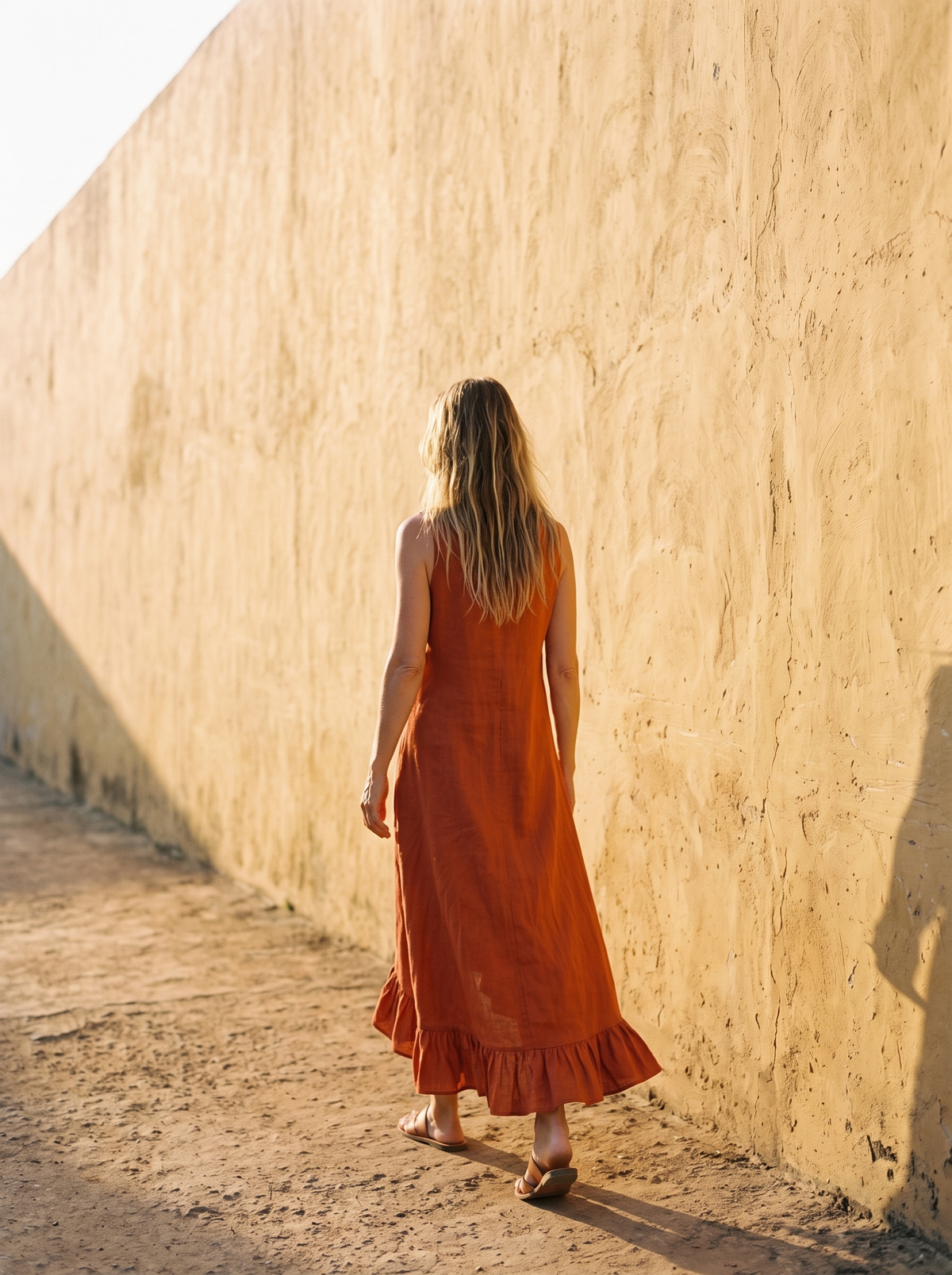 Ruffle Wrap Linen Maxi Dress in rust linen