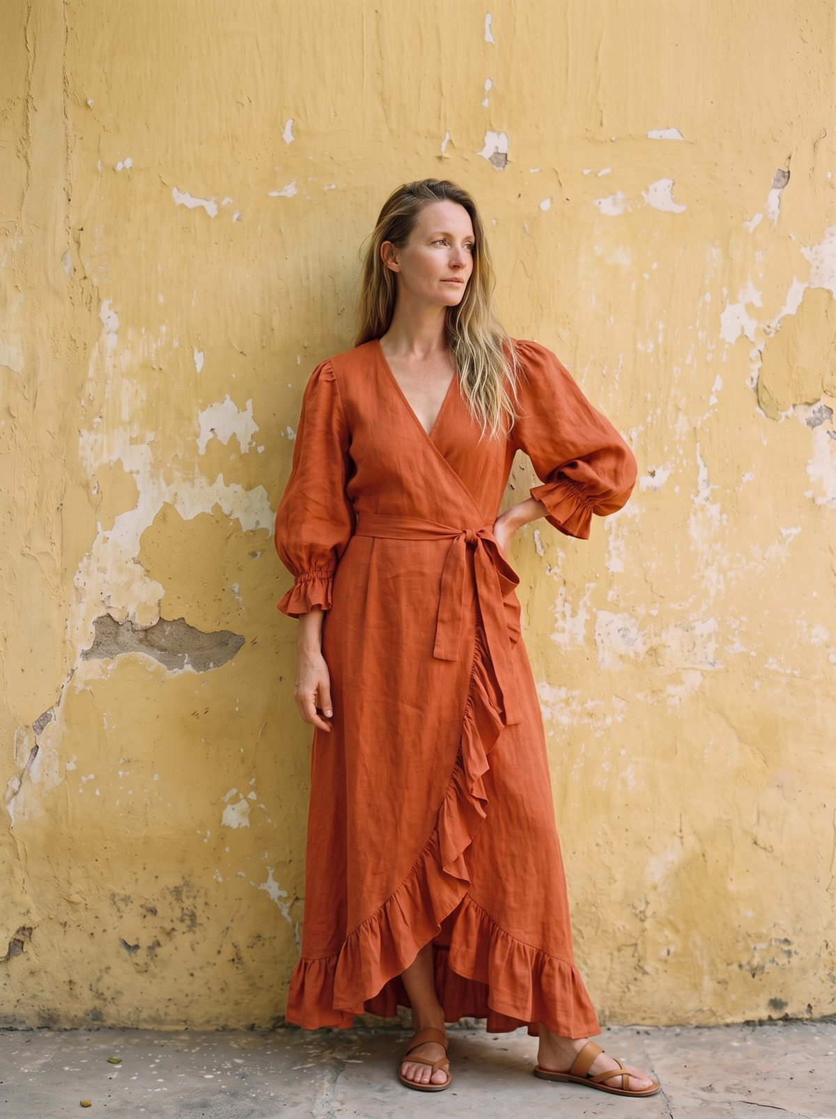 Ruffle Wrap Linen Maxi Dress in rust linen