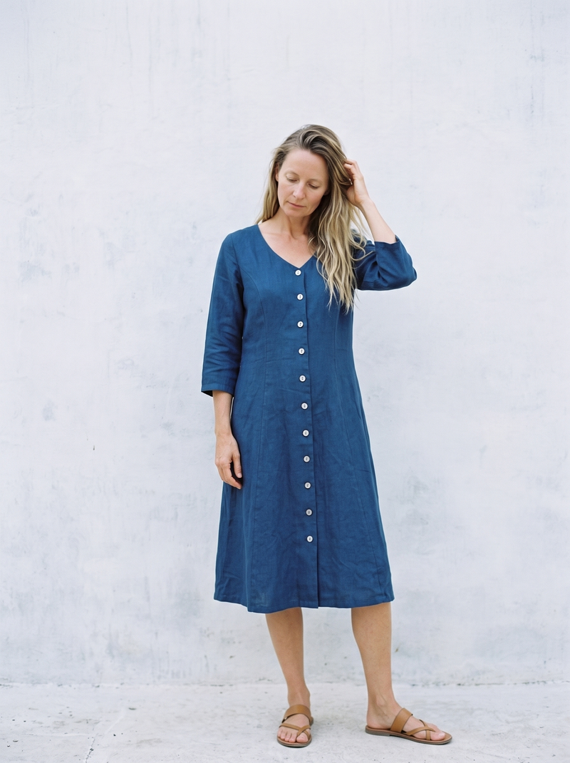 Button Through Linen Midi Dress in blue linen