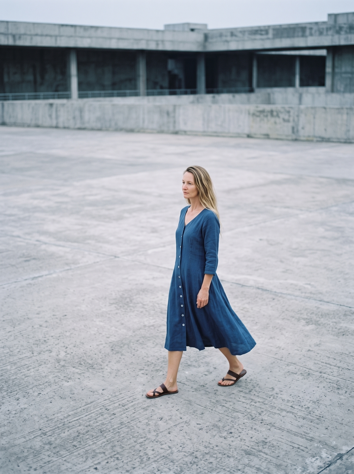 Button Through Linen Midi Dress in blue linen