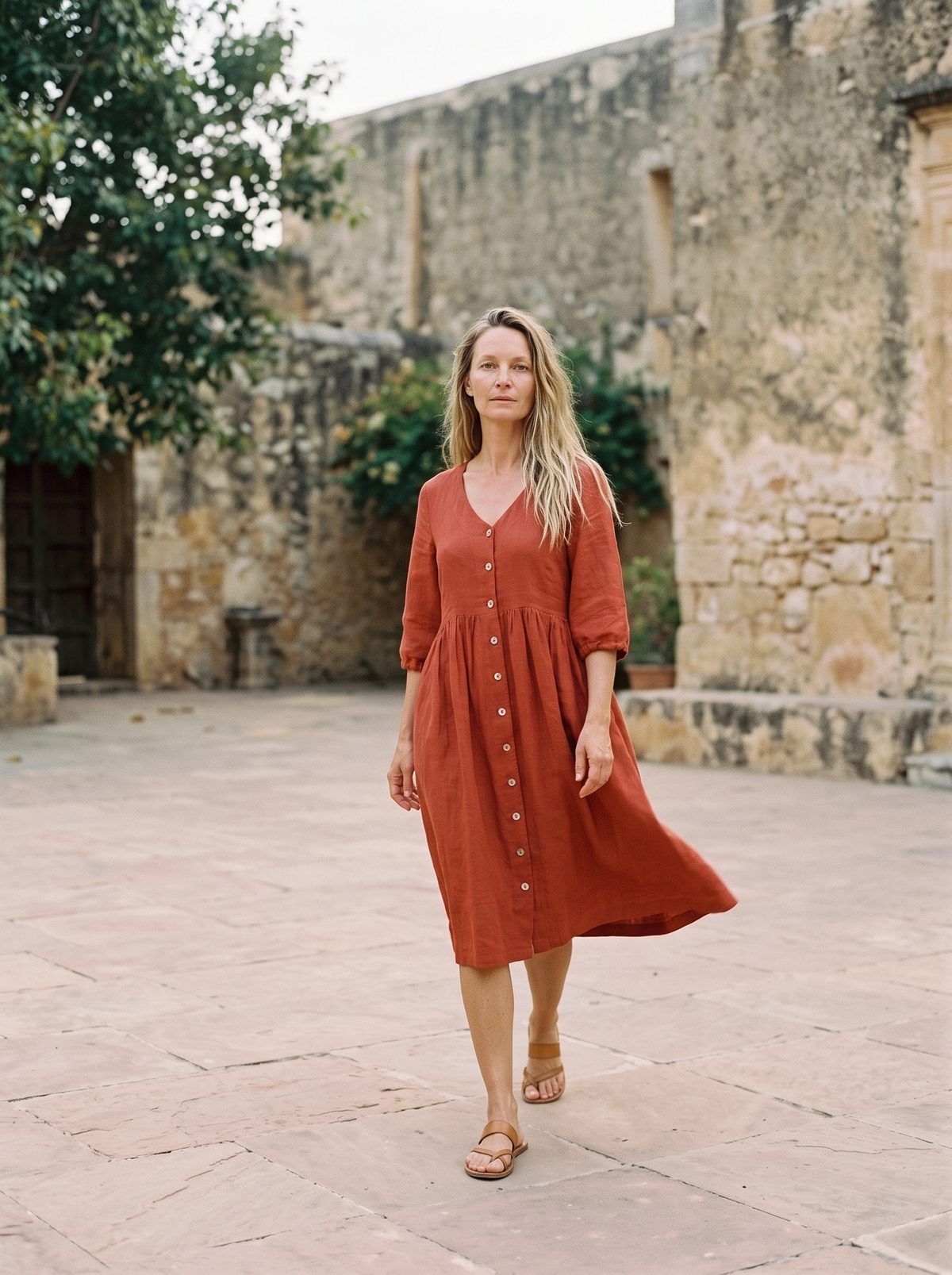 Tie Sleeve Linen Midi Dress in rust linen