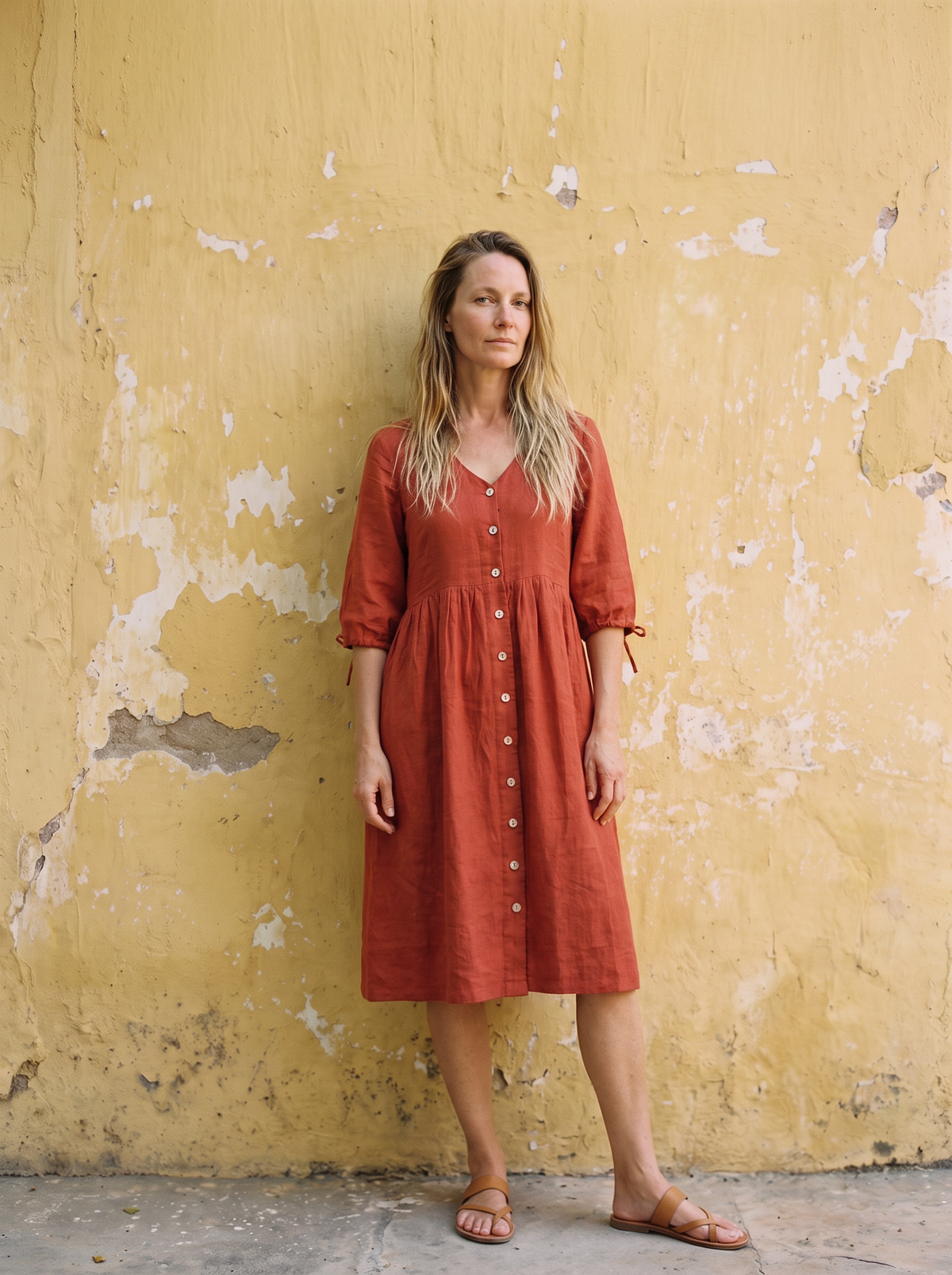 Tie Sleeve Linen Midi Dress in rust linen