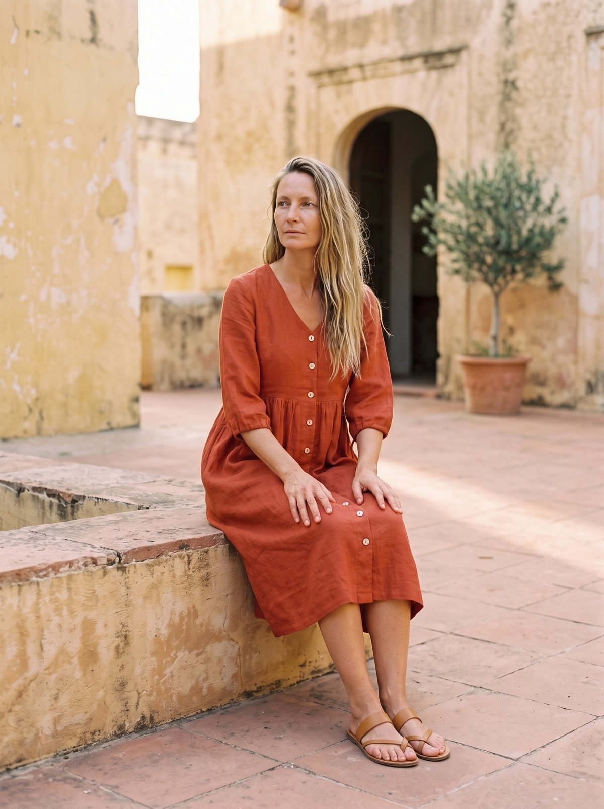 Tie Sleeve Linen Midi Dress in rust linen